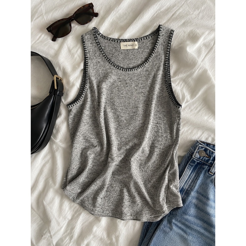 The Nines Gray Knit Sleeveless Tank Top Whipstitch Trim 17314B Small